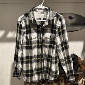Plaid Button-Up Shirt (American Eagle)- Black, White, Green